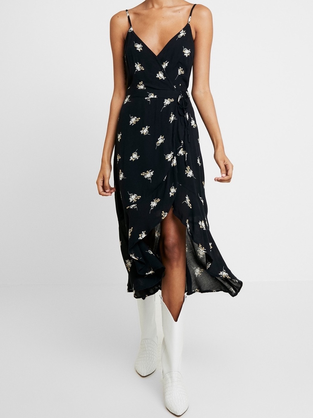 Abercrombie & Fitch Black Floral Wrap Maxi Dress Ruffle High Low Hem Size S